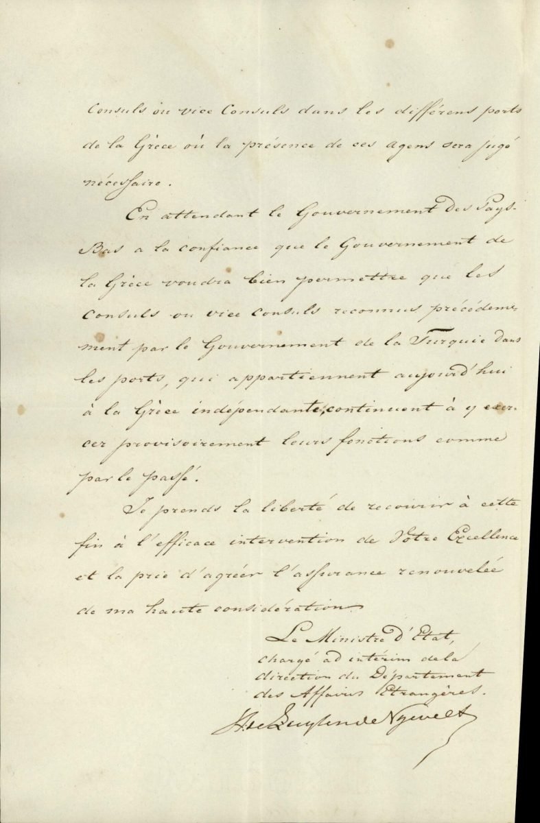 Letter from the Minister of State and Acting Minister of Foreign Affairs of the Netherlands, Hugo van Zuylen van Nijevelt, to the Greek Minister of the Foreign Affairs informing him that the Netherlands intends to appoint a Consul General in Greece Page 2