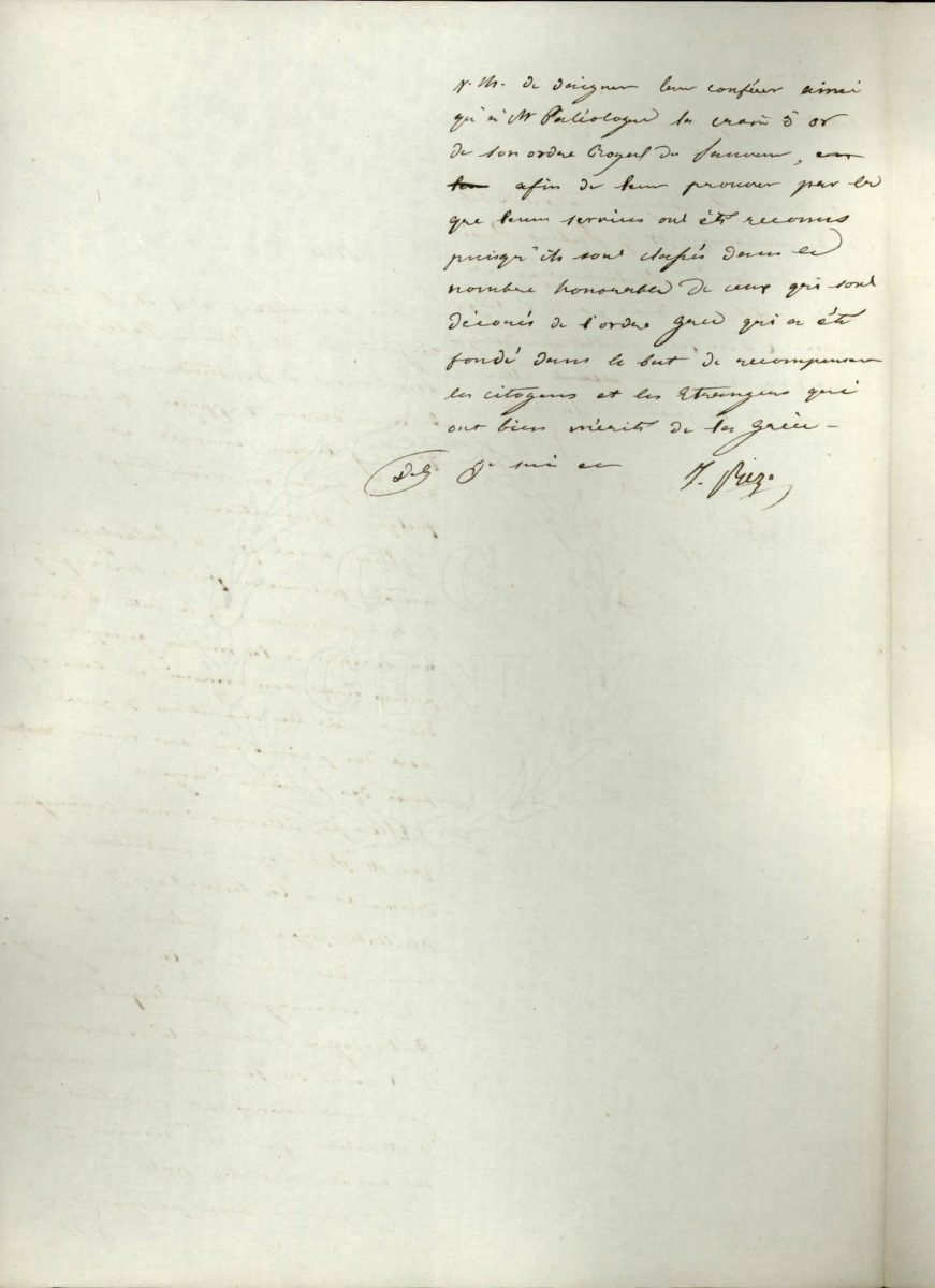 Minister of Foreign Affairs Iakovos Rizos-Neroulos recommends to King Othon that Consul General of Greece in Amsterdam Etienne Palaiologos, nominated in April 1834, be awarded the Medal of the Order of the Redeemer Page 2