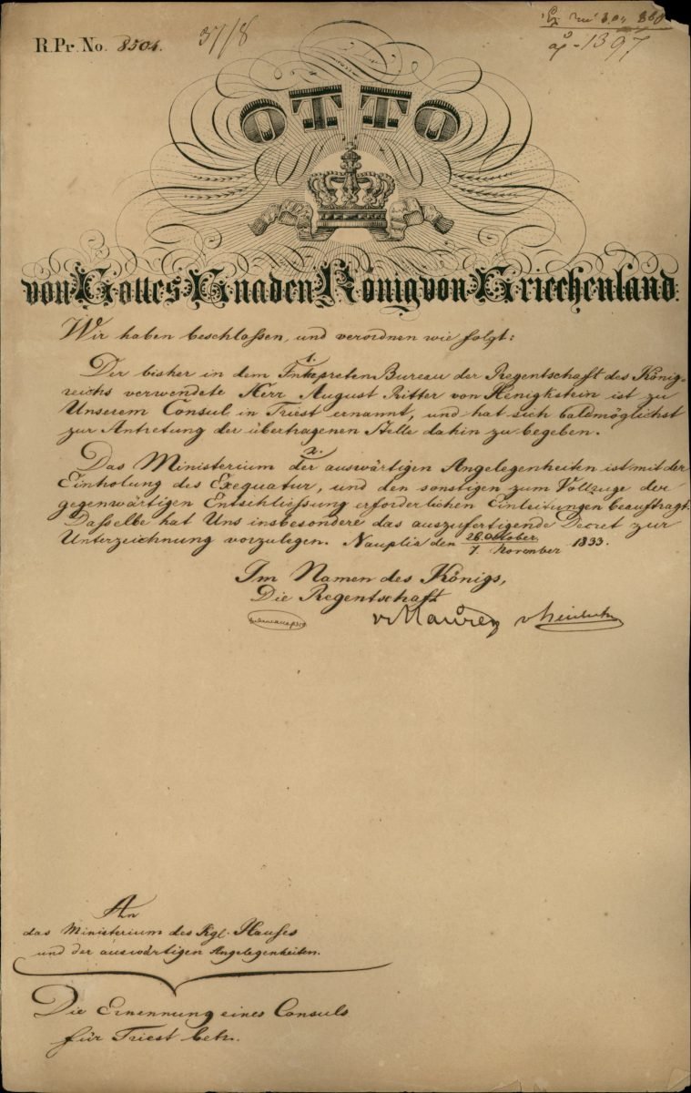 Nomination of August von Henigkstein, officer of the Regency’s Translation Office, as Consul of Greece in Trieste Page 1