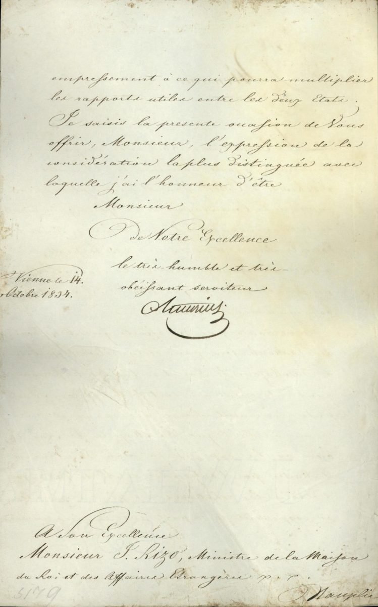 Letter from Austrian Chancellor Klemens von Metternich to Minister of Foreign Affairs Iakovos Rizos-Neroulos regarding the appointment of Count Anton Prokesch von Osten as the first Ambassador of the Austrian Empire to Greece page 2