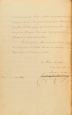 French Minister of Foreign Affairs Count Auguste de la Feronnays notifies Governor of Greece Ioannis Kaposistrias of the nomination of Baron Antoine Juchereau de Saint-Denis as the French Consular Agent to the Greek Government Page 4