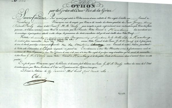 Προξενικό Δίπλωμα του πρώτου Προξένου της Ελλάδας στο Αμβούργο George Henry Roderick Darby