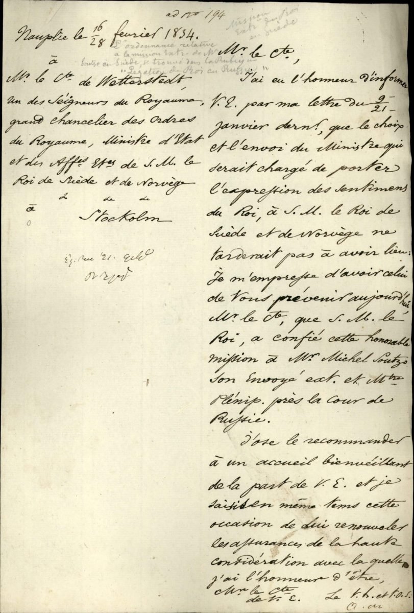 Copy of a letter of Greek Minister of Foreign Affairs Alexandros Mavrokordatos to Minister of Foreign Affairs of the Kingdom of Sweden and Norway Gustaf af Wetterstedt