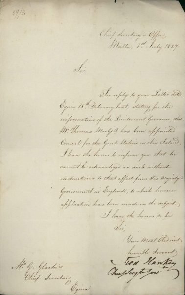 The Chief Secretary of Malta informs Minister of Foreign Affairs Georgios Glarakis that he cannot recognize Thomas McGill as Consul of Greece unless he receives approval from London