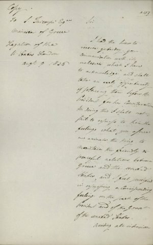 Copy of letter from US Ambassador in London Andrew Stevenson to Greek Ambassador Spyridon Trikoupis Page 1
