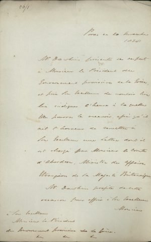 Edward Dawkins requests a hearing from Governor Ioannis Kapodistrias on November 20th 1828, Page 1