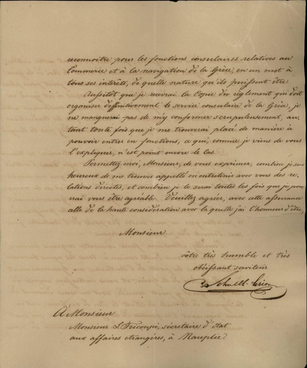The last page of the document by which Johann David Schnell-Griot, Consul of Bavaria in Trieste, accepts his nomination as Consul of Greece