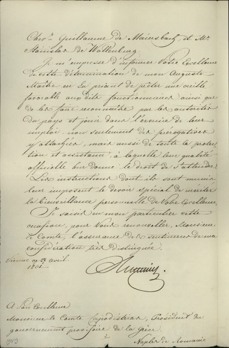 Letter from Chancellor and Minister of Foreign Affairs of the Austrian Empire Klemens von Metternich to Governor of Greece Ioannis Kapodistrias Page 2