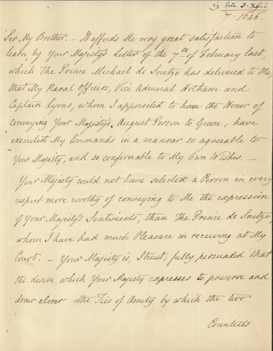 Letter from British King William IV to King Othon. William expresses his satisfaction for the trip to London of Michael Soutzos, Ambassador of Greece in Paris, in order to deliver a letter of gratitude from the King of Greece Page 1