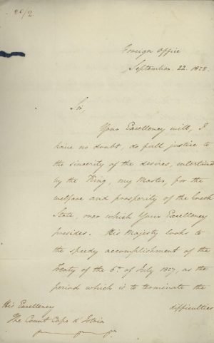 Letter of accreditation of British Resident E. Dawkins to the Greek Government by British Foreign Secretary George Hamilton-Gordon Page 1
