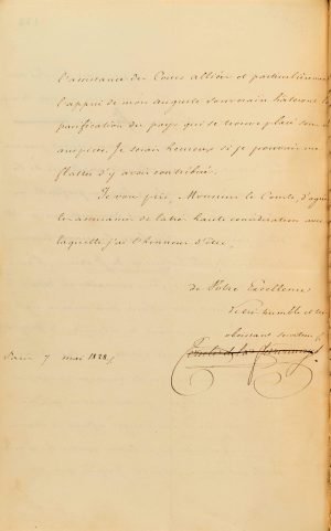 O Υπουργός Εξωτερικών της Γαλλίας Κόμης Auguste de la Feronnays ανακοινώνει στον Κυβερνήτη της Ελλάδας Ι. Καποδίστρια τον διορισμό του Βαρώνου Antoine Juchereau de Saint-Denis ως Προξενικού Πράκτορα της Γαλλίας στην ελληνική Κυβέρνηση σελ. 4