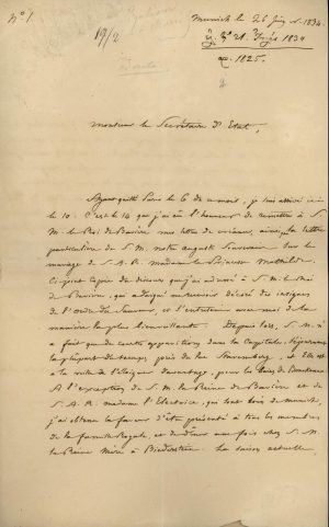 Ο πρώτος διορισμένος Πρεσβευτής της Ελλάδας στη Βαυαρία και την Πρωσία Μιχαήλ Σχινάς περιγράφει την επίδοση των διαπιστευτηρίων του στον Βασιλιά της Βαυαρίας στις 14 Ιουνίου 1834 σελ. 1