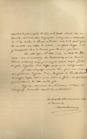 Ο πρώτος διορισμένος Πρεσβευτής της Ελλάδας στη Βαυαρία και την Πρωσία Μιχαήλ Σχινάς περιγράφει την επίδοση των διαπιστευτηρίων του στον Βασιλιά της Βαυαρίας στις 14 Ιουνίου 1834 σελ. 2