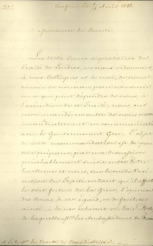 The Ambassador of Russia in Constantinople, Count Alexandre de Ribeaupierre, sends a letter to Governor of Greece Ioannis Kapodistrias from Corfu, where the Ambassadors of the three Great Powers convene, asking him for statistics to be used during the Conference Page 1