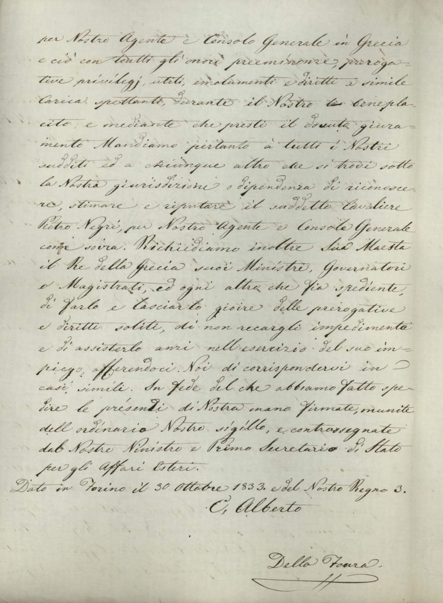 Decree of the King of Sardinia Charles Albert nominating Pietro Negri as the first Agent and Consul General of the Kingdom in Greece Page 2