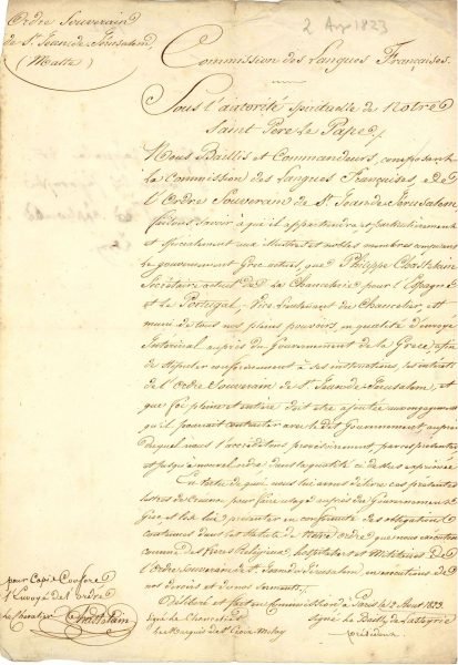 Copy of the (first ones to be presented to a Greek Government) credentials of Knight Philippe Chastelain, who was appointed Representative (Ambassador) of the Order to the Greek Government