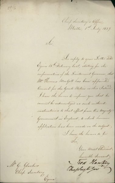 The Chief Secretary of Malta informs Minister of Foreign Affairs Georgios Glarakis that he cannot recognize Thomas McGill as Consul of Greece unless he receives approval from London