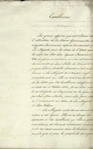 The Prime Minister of Spain, Francisco Martínez de la Rosa, sends a letter to the Regents of Greece announcing the satisfaction of Regent Maria-Cristina for the ascension of King Othon to the Greek throne Page 1