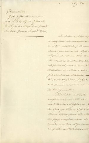 Translation of the Note of the Sublime Porte to the Chargé d’Affaires of France in Constantinople, in which the Ottoman Government acknowledges the election of Othon to the throne of Greece Page 1